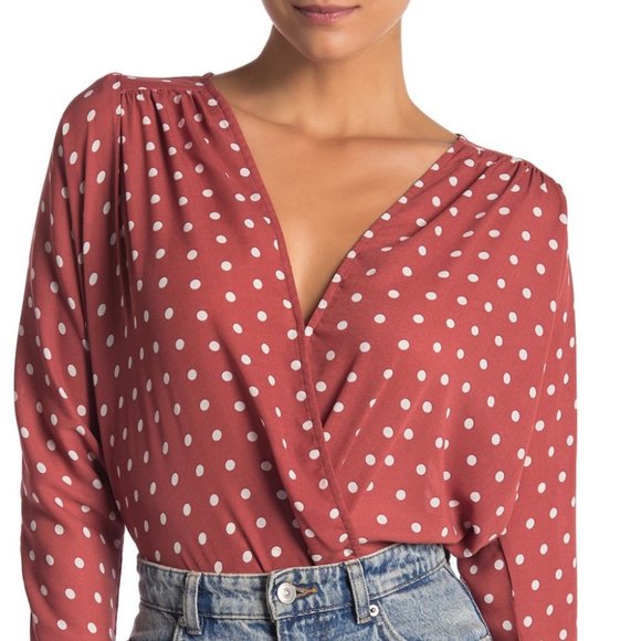 ASTR the LABEL Tops - ASTR POLKA DOT Drape Neck Dark Blush Bodysuit NEW